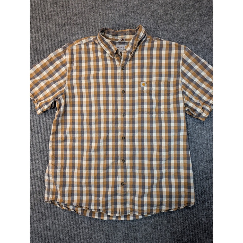 Carhartt Relaxed Short Sleeve Plaid Shirt Men XL Tan/Gray/White Button Down Work